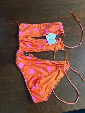 Zara Neon Orange Swimsuit with Pink Sunburst Print